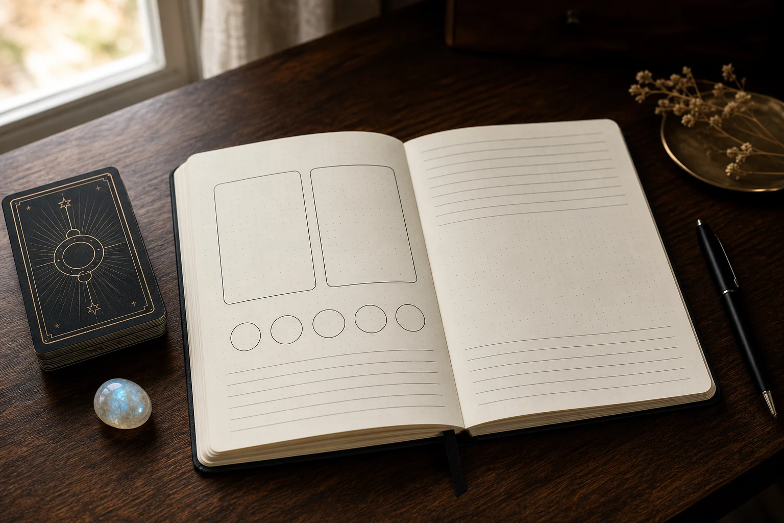 An open A5 dotted journal with blank tarot layout boxes beside a back-facing deck and moonstone.