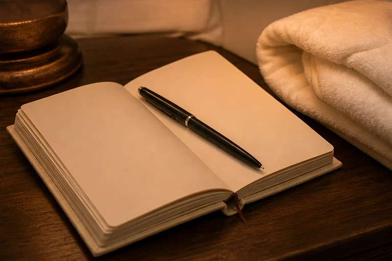 A thread-bound bedside journal open to blank pages with a simple black pen.
