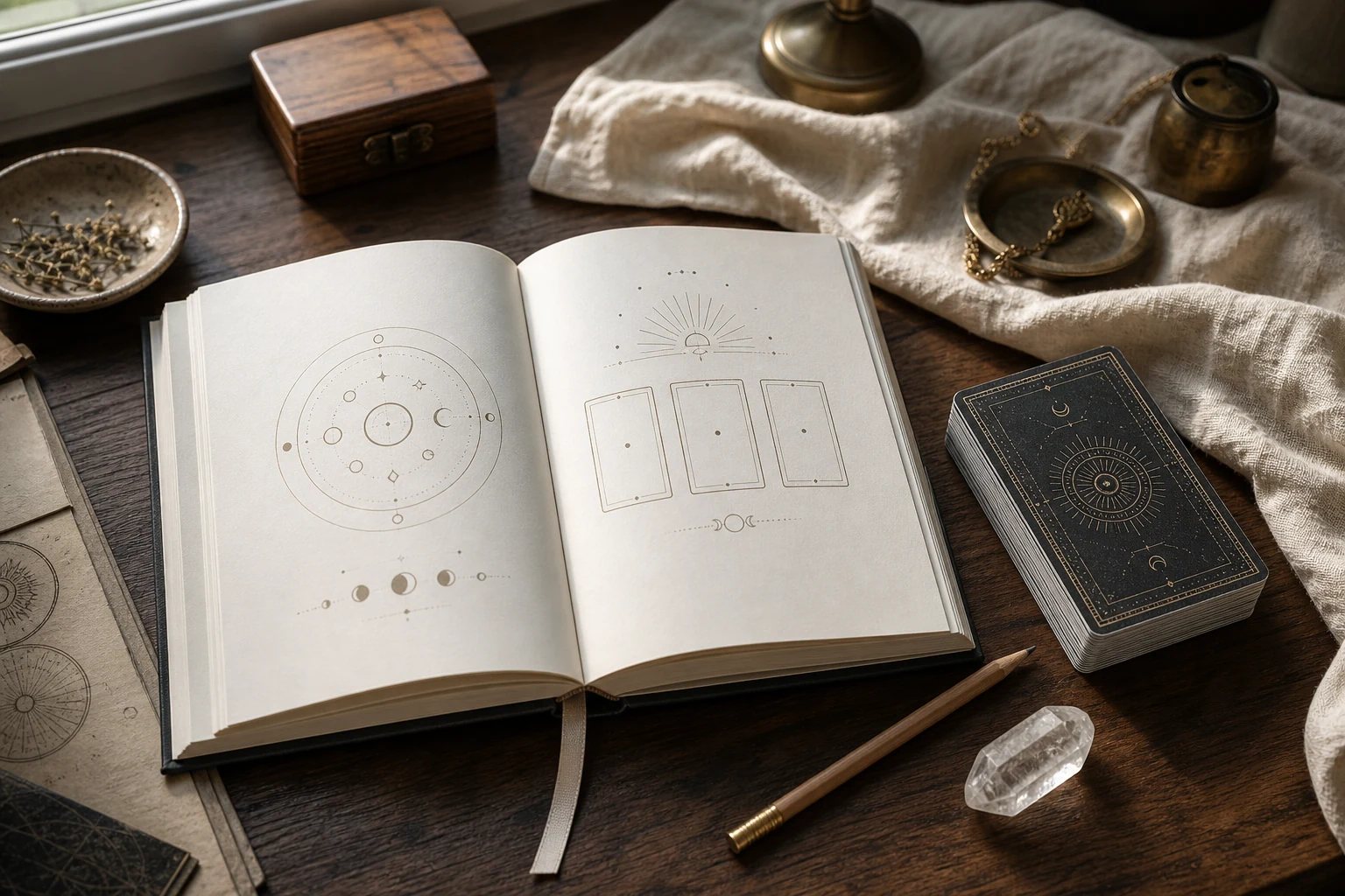 An open beginner tarot guidebook with simple symbolic diagrams beside a back-facing deck on a warm study table.