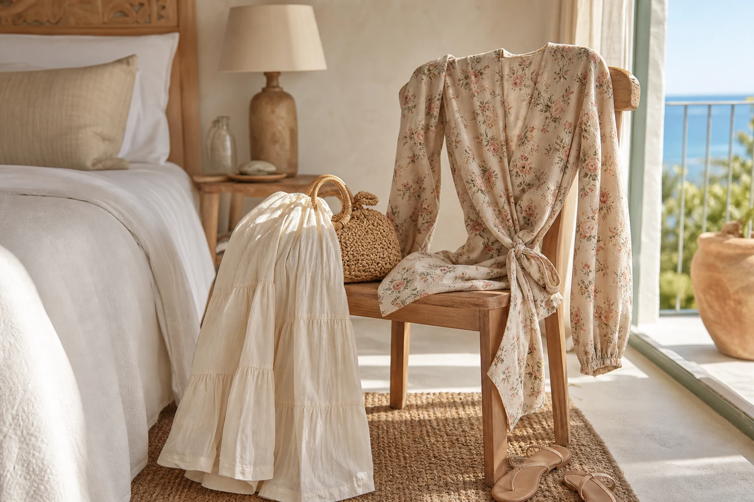 A beige floral wrap top styled with an ivory skirt and warm neutral accessories.