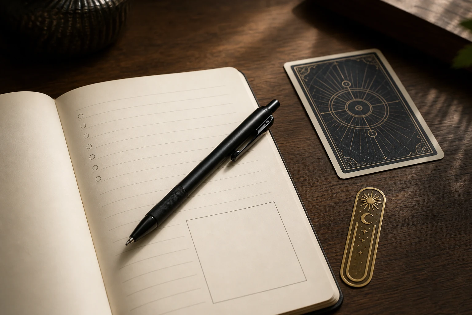 A black retractable gel pen resting across a clean tarot journal page beside a back-facing card.