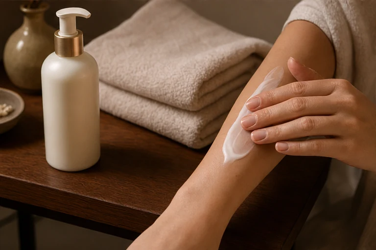 Soft body lotion being applied to a forearm beside folded cotton towels.