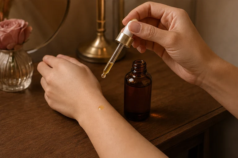An amber body-oil dropper being used on a forearm at a warm vanity.