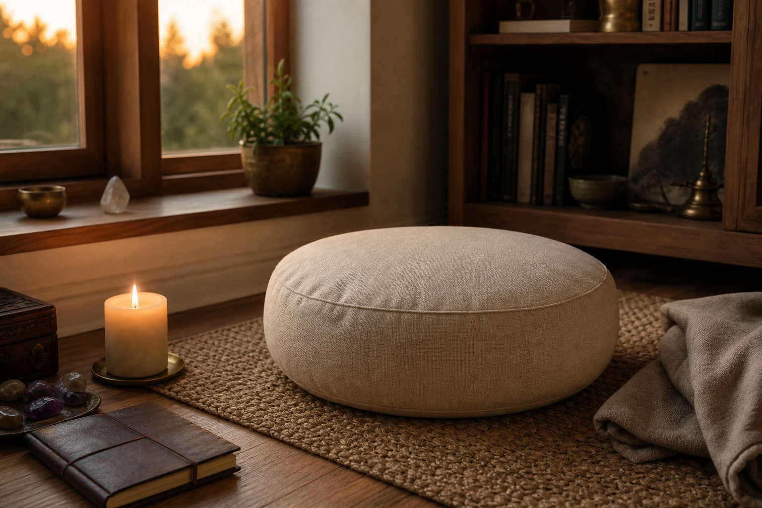 A low oatmeal meditation cushion in a compact evening corner with candlelight and a folded blanket.