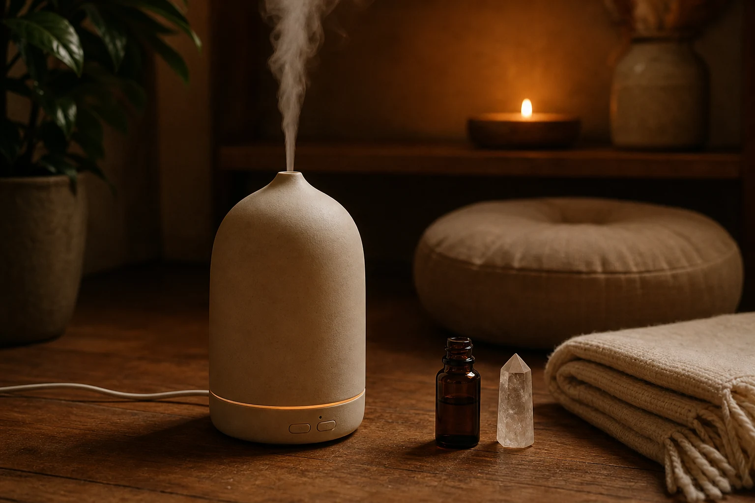 A matte ceramic essential oil diffuser releasing mist beside a cushion, folded textile, and quartz.