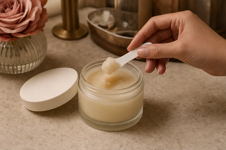 An open cleansing-balm jar being used with a small clean spatula.