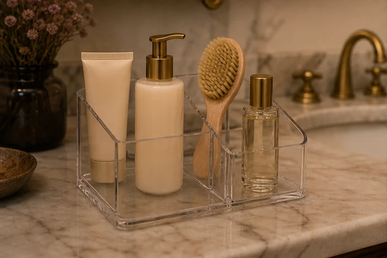 A compact clear cosmetic organizer holding a few evening-care essentials.