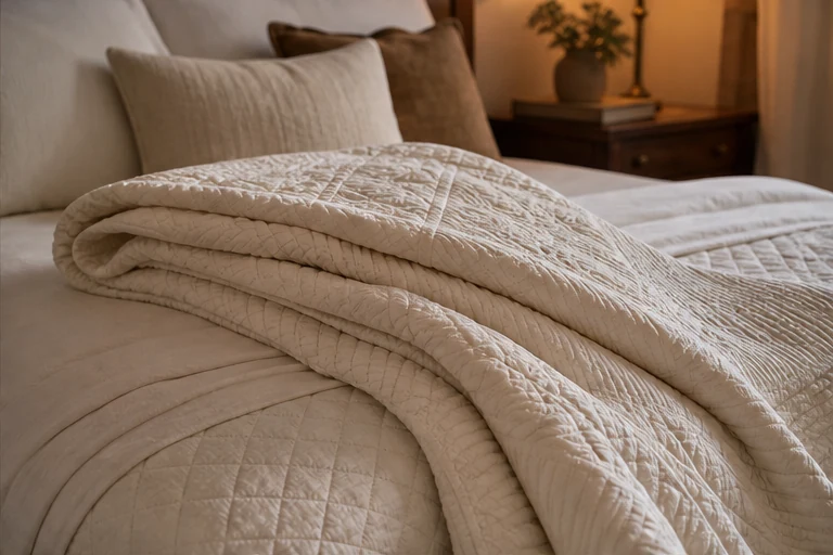 A cream cotton quilt partly folded across a warm inviting bed.