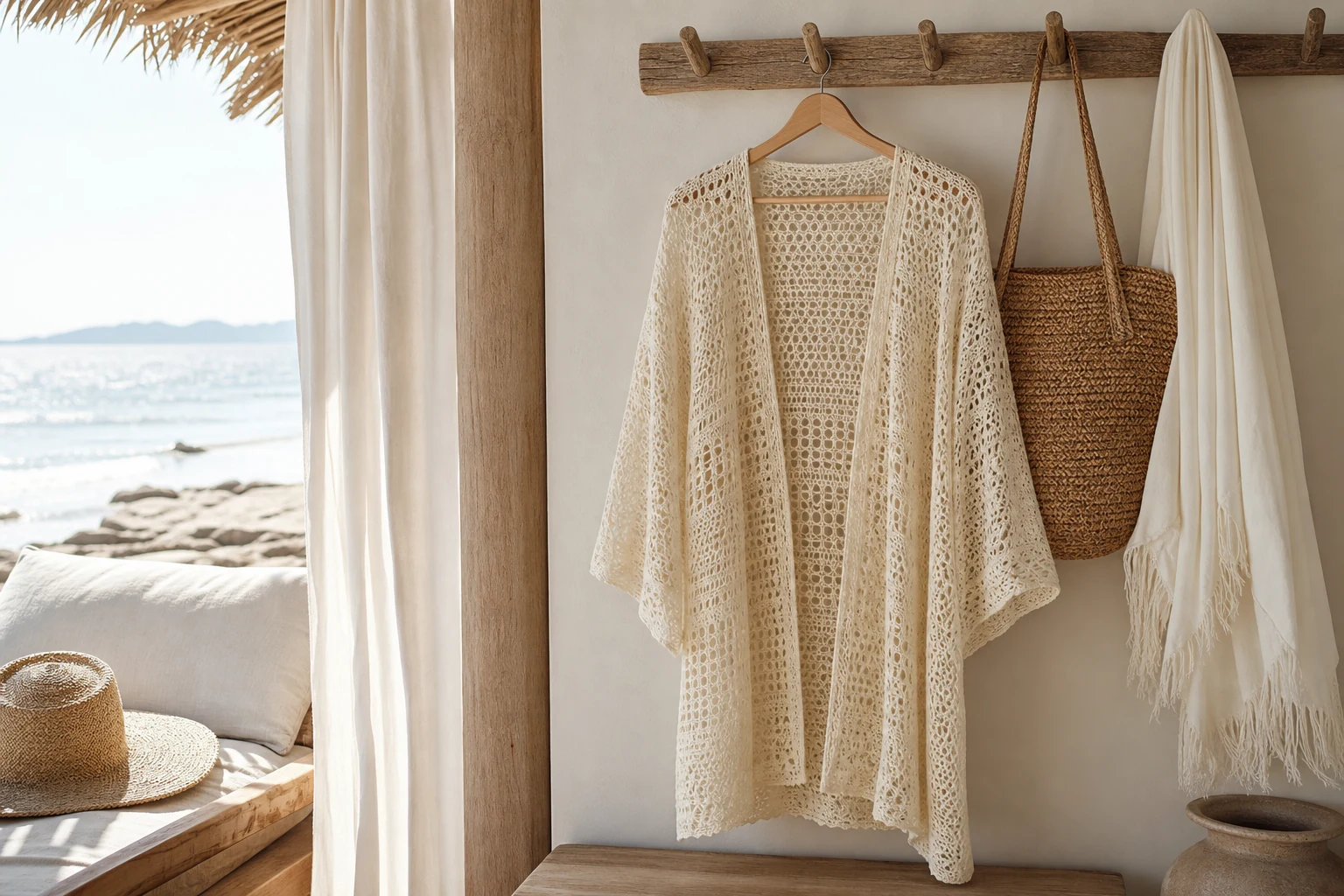 A cream crochet beach cover-up hanging beside a sunlit coastal window.
