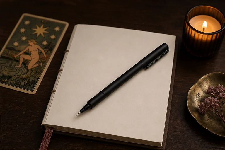 A fine-point black gel pen resting across a blank tarot reading notebook.