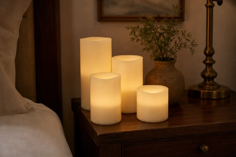 A cluster of softly glowing ivory flameless candles on a bedroom nightstand.