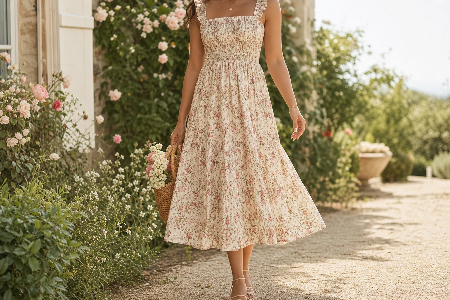 A floral smocked summer dress worn on a sunlit garden path.