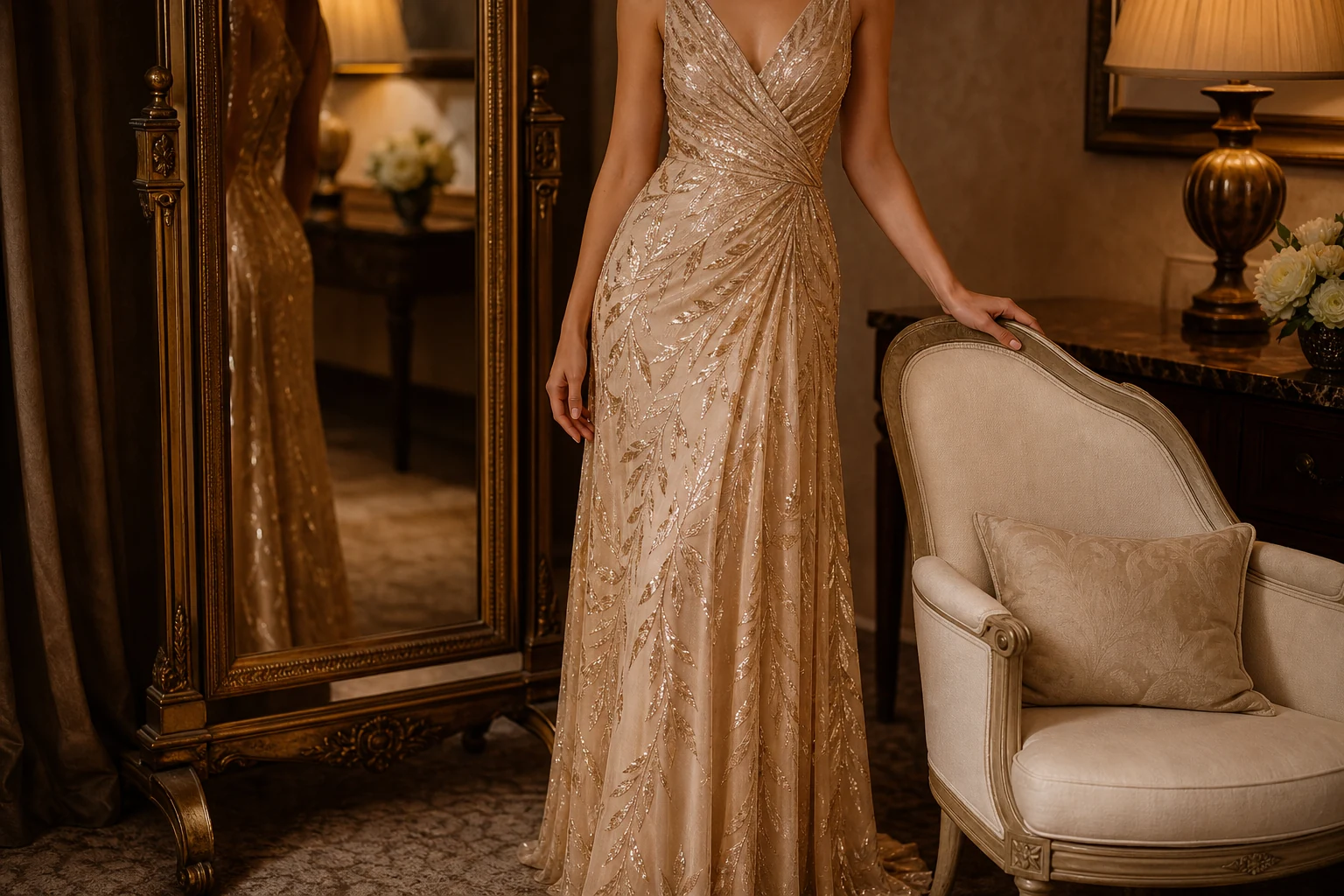 A champagne-gold embroidered evening gown worn in a warm dressing room.