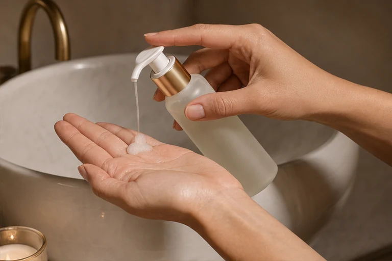 A gentle hydrating cleanser being dispensed beside a ceramic sink.