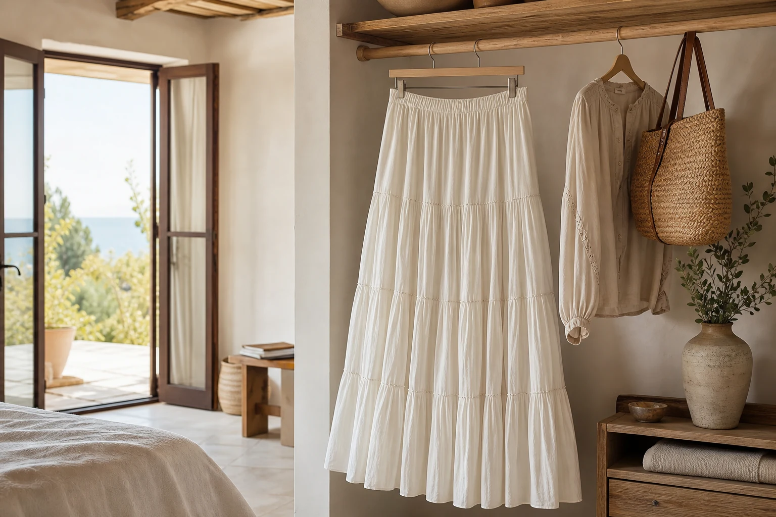 An ivory tiered maxi skirt hanging in a warm coastal wardrobe.