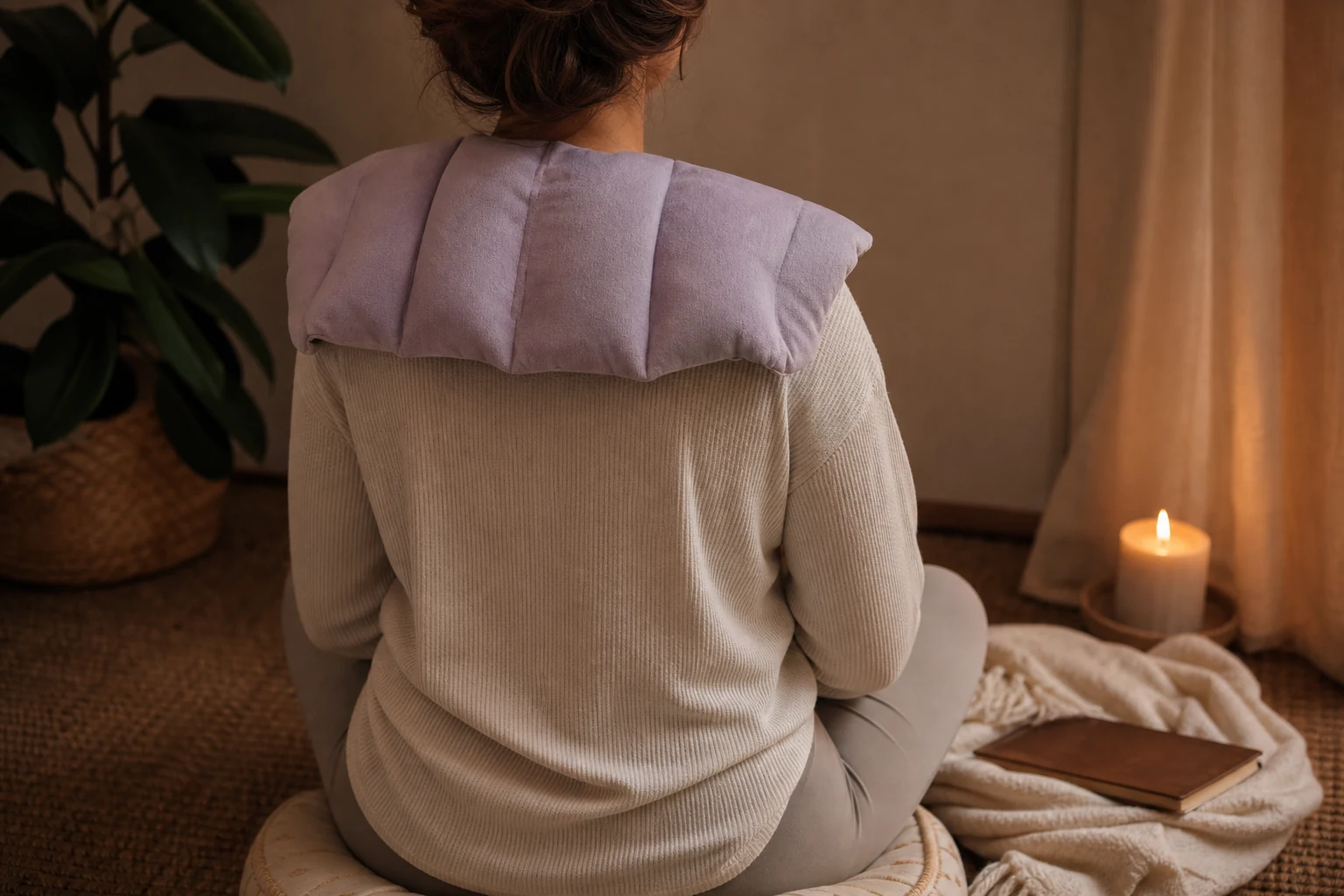 A lavender weighted neck wrap resting naturally across the shoulders of a seated reader in a quiet meditation corner.