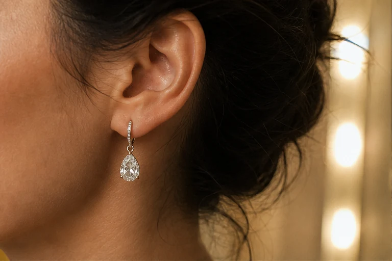 A delicate clear teardrop earring worn in warm evening light.