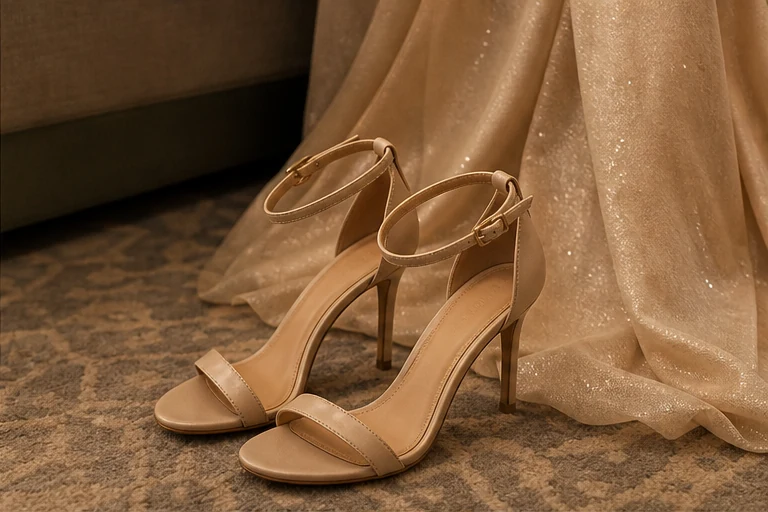 Nude-beige evening sandals styled beside a champagne gown.