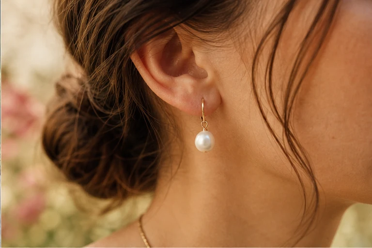 A freshwater pearl drop earring worn in warm garden light.