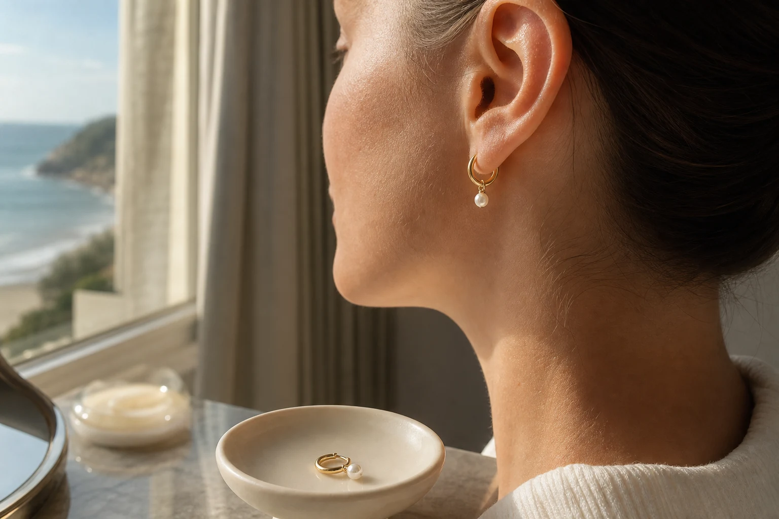 Small Pearl Huggie Earrings styled as an Opal Arc source-similar recommendation.