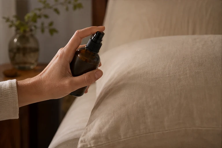 An unlabeled pillow-spray bottle held naturally beside a cream pillow.