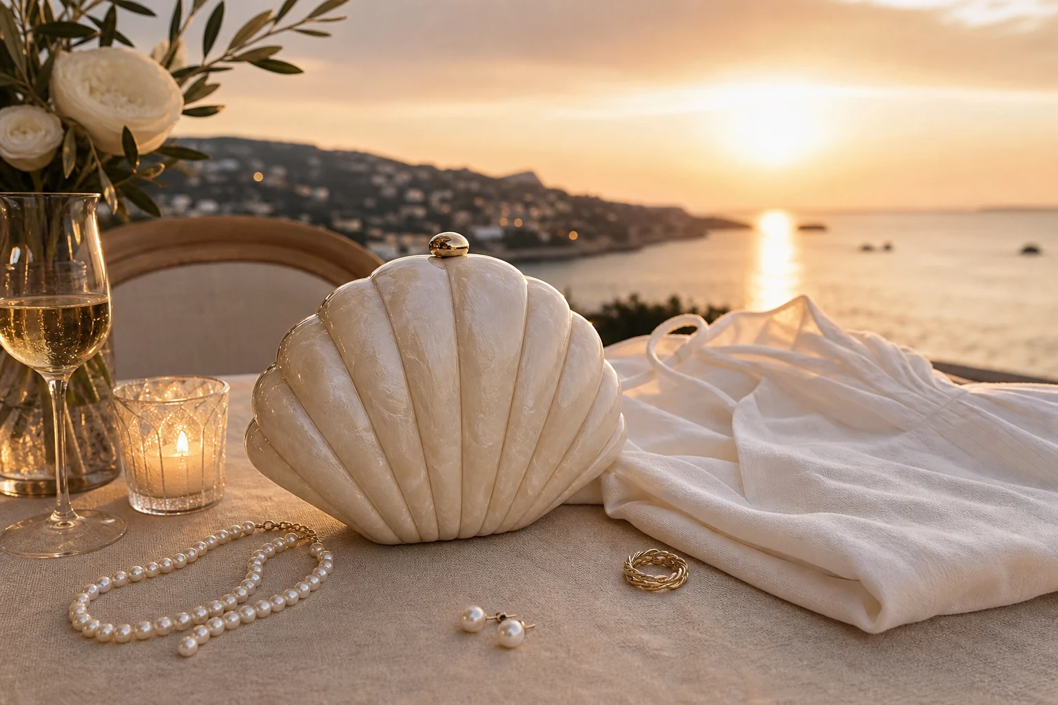 An ivory shell-inspired clutch on a sunset dinner table.