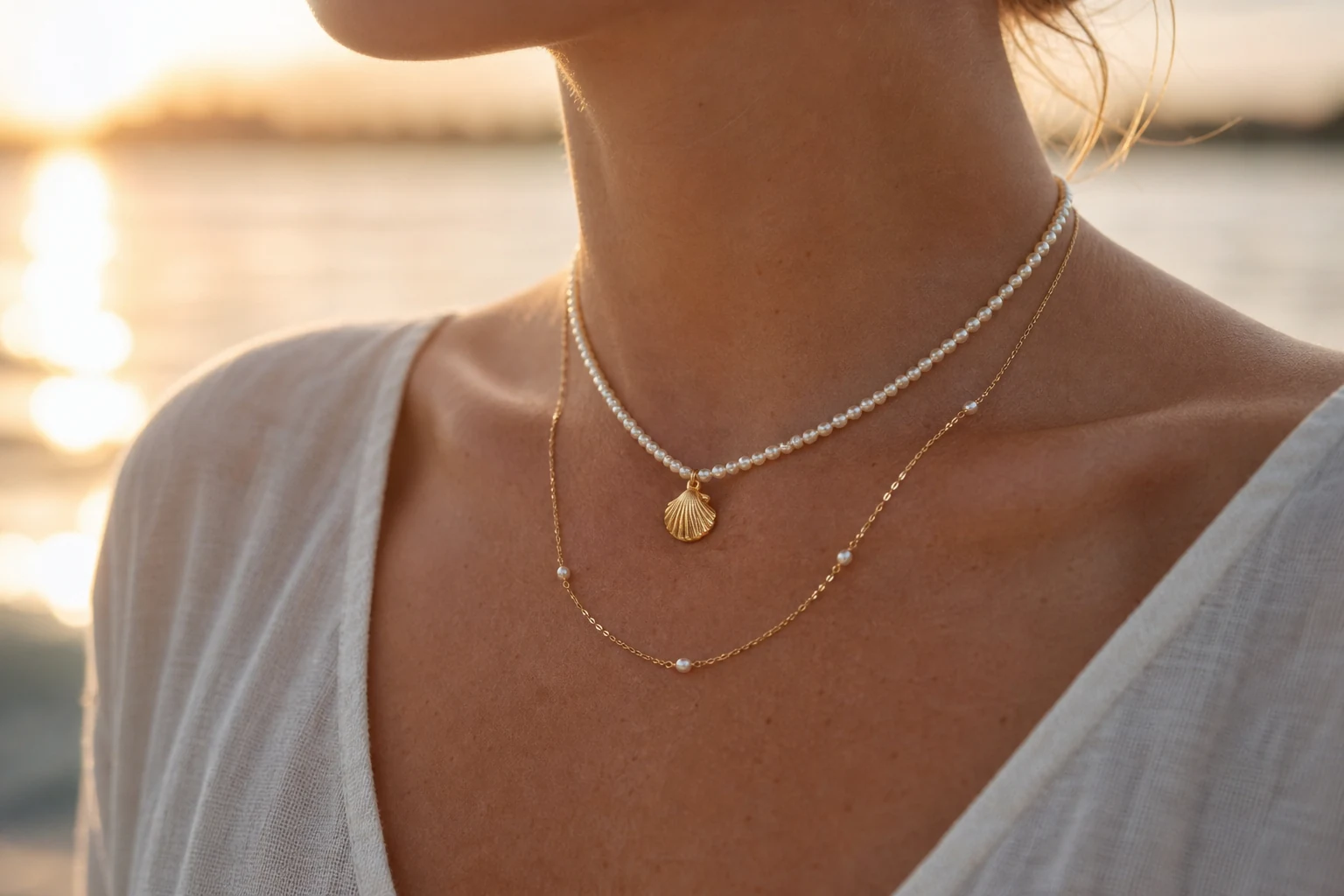 A delicate shell and pearl necklace worn with a cream vacation outfit.