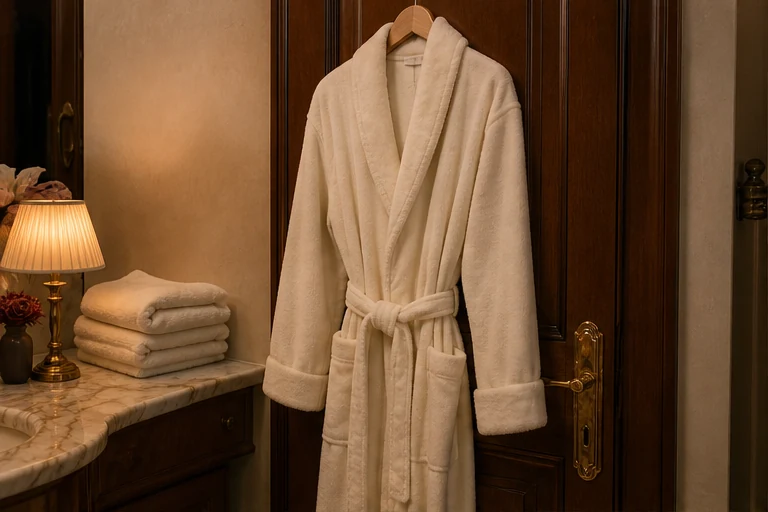 A soft cream bathrobe hanging ready beside a warm bathroom door.