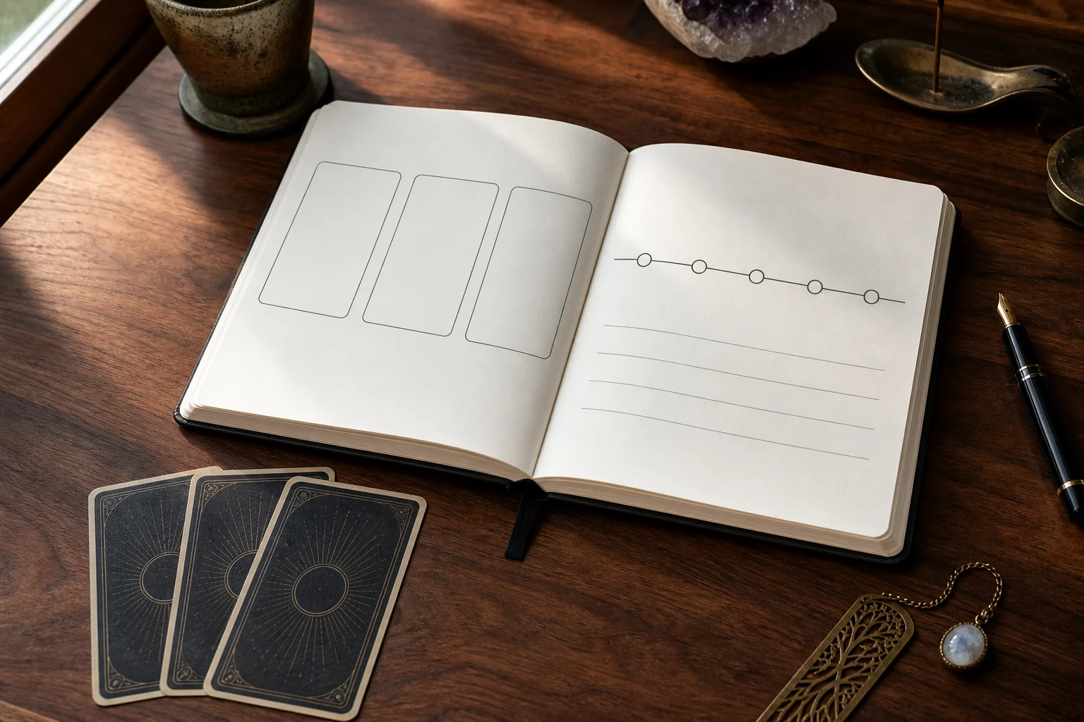 An open structured tarot journal with a three-card layout, timeline, and blank reflection lines on a warm wood desk.