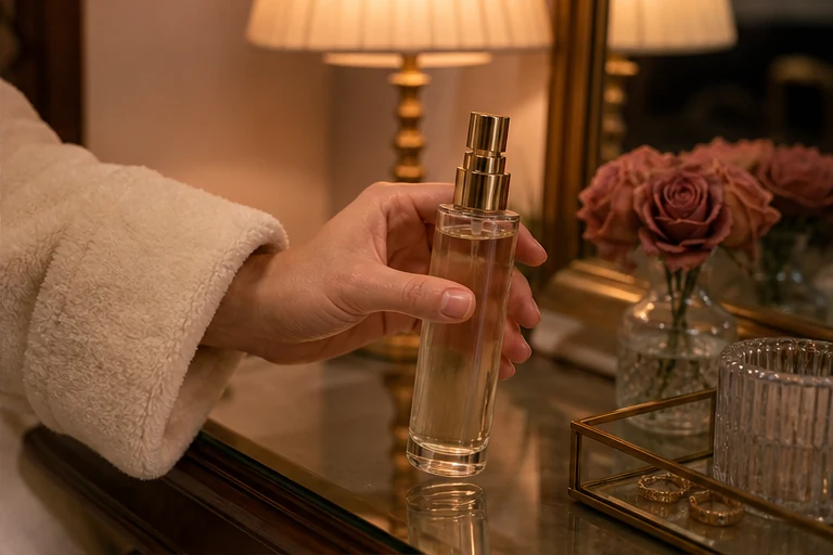 An unlabeled subtle body-mist bottle lifted from a warm bedside vanity.