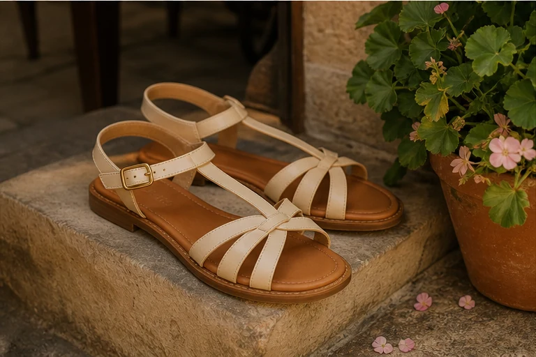 Tan-and-ivory strappy flat sandals beside a garden cafe step.