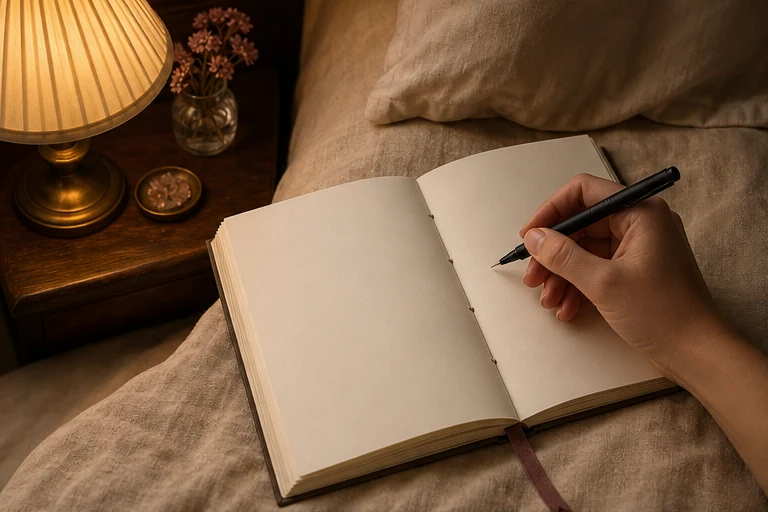 A thread-bound bedside journal open to blank pages with a pen poised above it.
