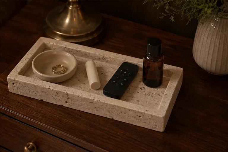 A natural travertine tray gathering small evening objects on a nightstand.