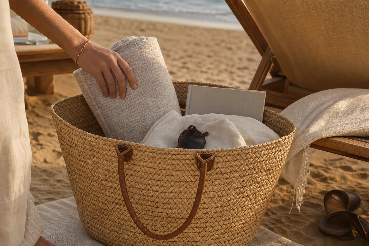 A woven straw tote being packed with a towel beside a beach chair.