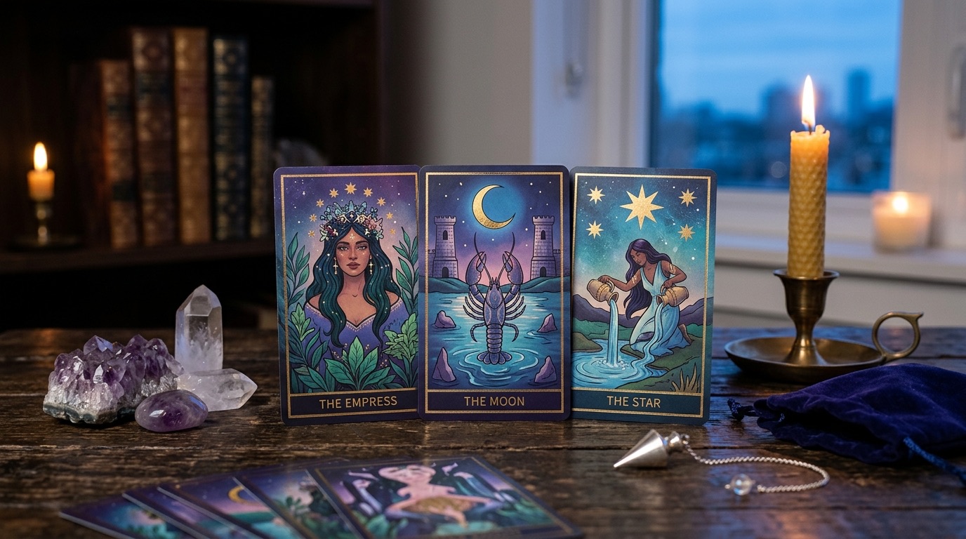 Three illustrated tarot cards standing beside crystals, a pendulum, and candles at twilight.
