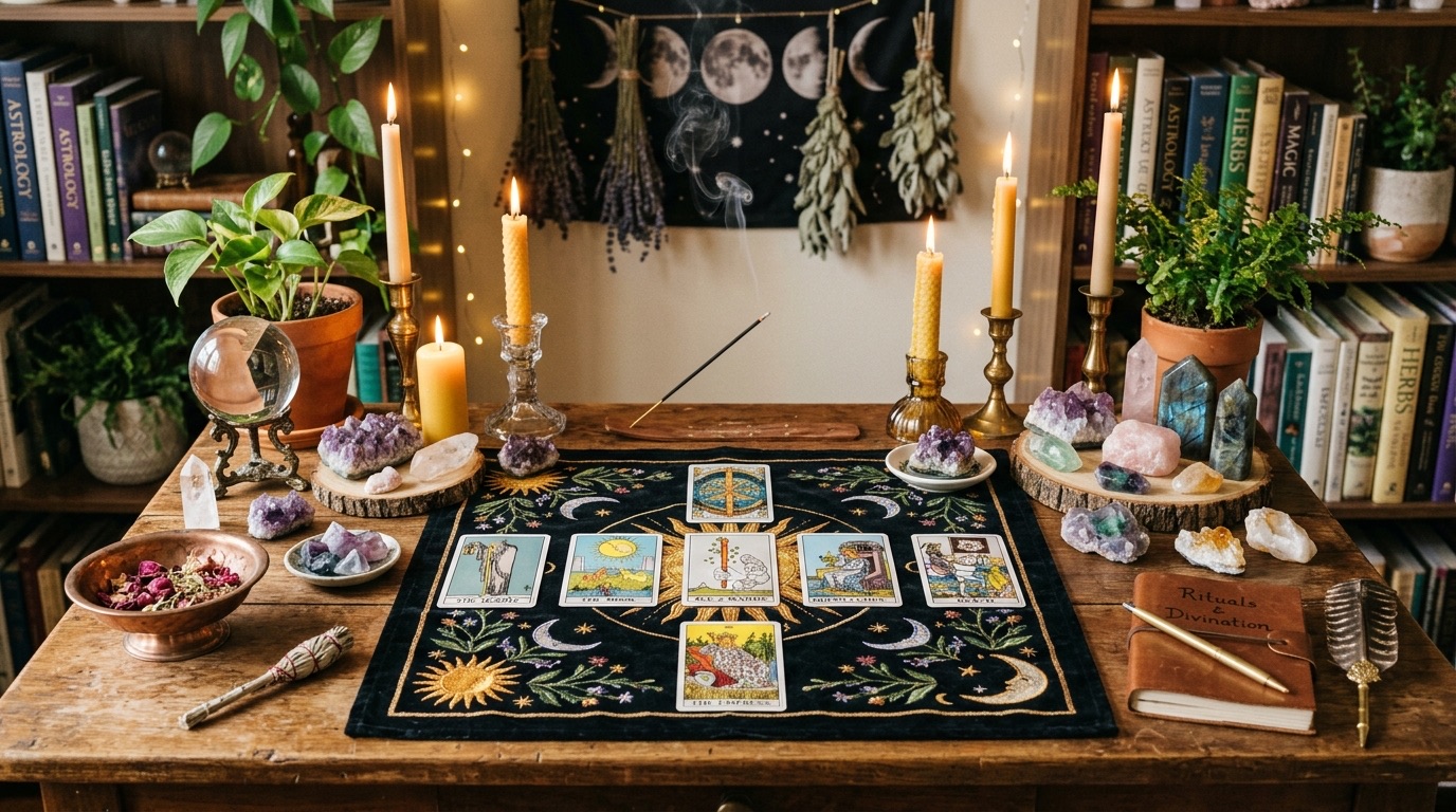 A moon-phase reading table with tarot cards, candles, crystals, books, and ritual tools.