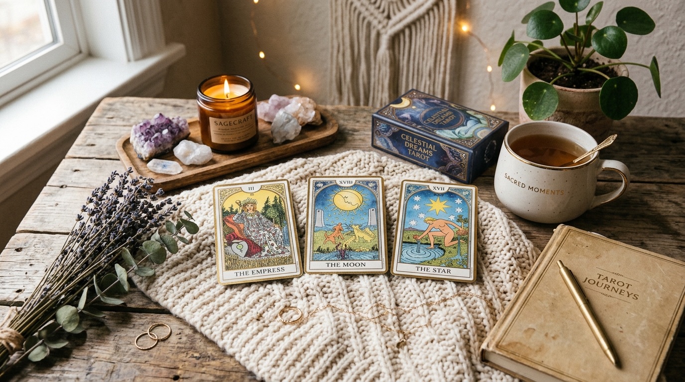 Three traditional tarot cards arranged with a journal, candle, crystals, and tea.