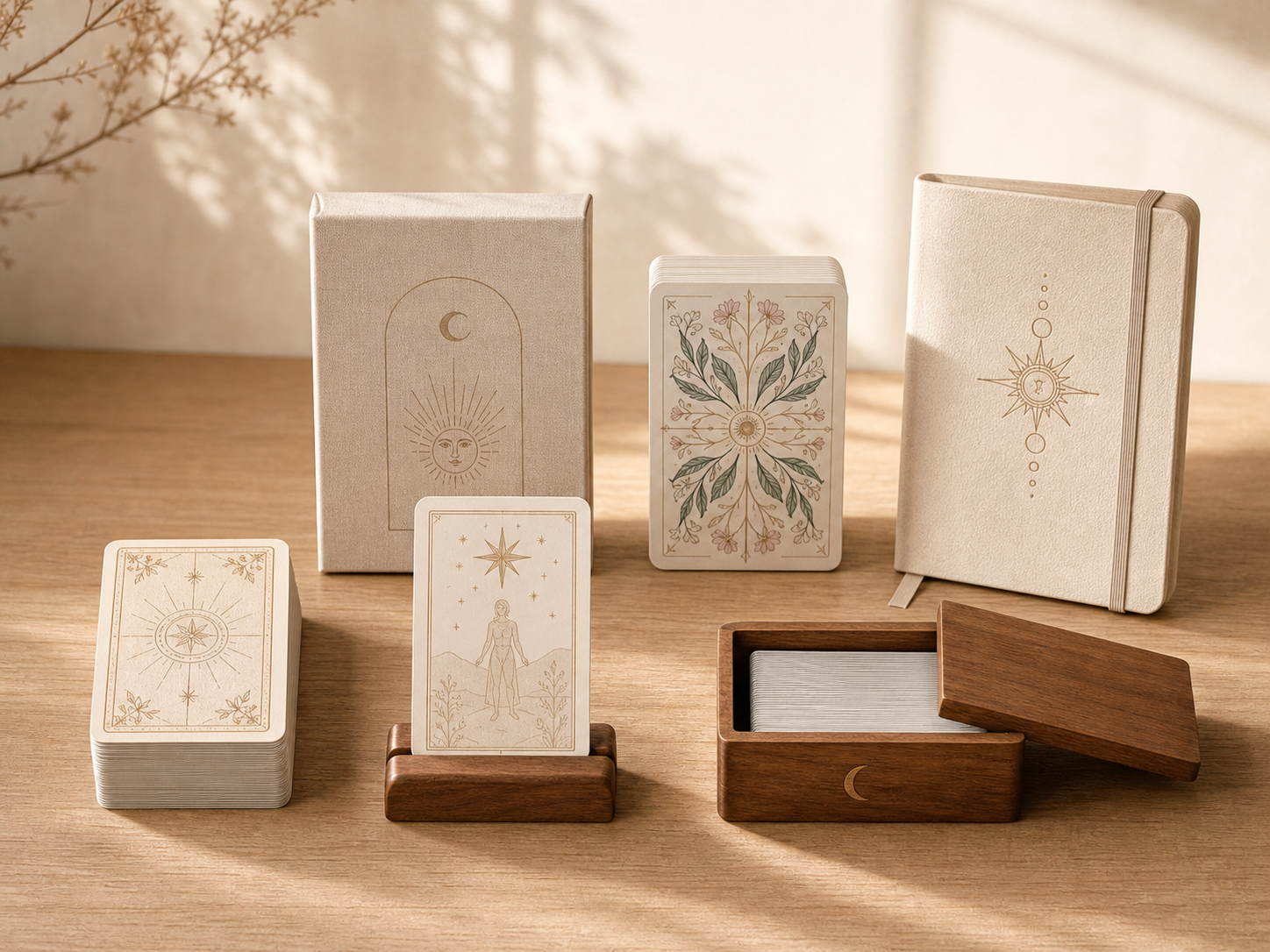 A neutral tarot deck, journal, wooden card stand, and wooden card storage box arranged in warm light.