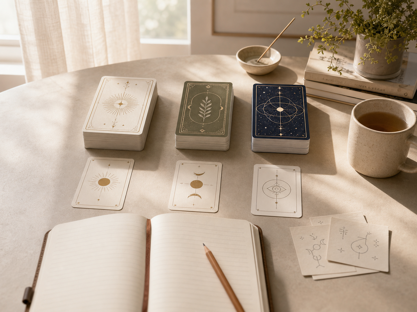 Three neutral tarot decks arranged beside an open journal on a warm cream table, showing three beginner tarot styles.