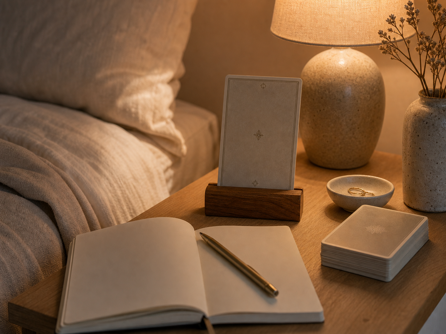 A calm one-card tarot reflection setup beside a warm lamp, with a card on a wooden stand and an open blank journal.