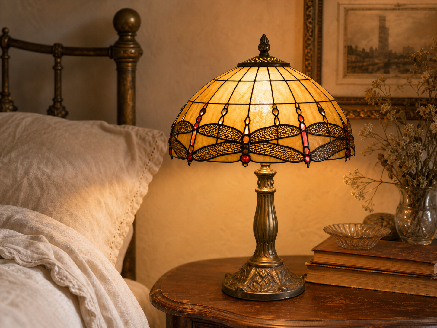 An amber Tiffany-style stained-glass lamp bringing honey-colored light to an antique-inspired bedroom.