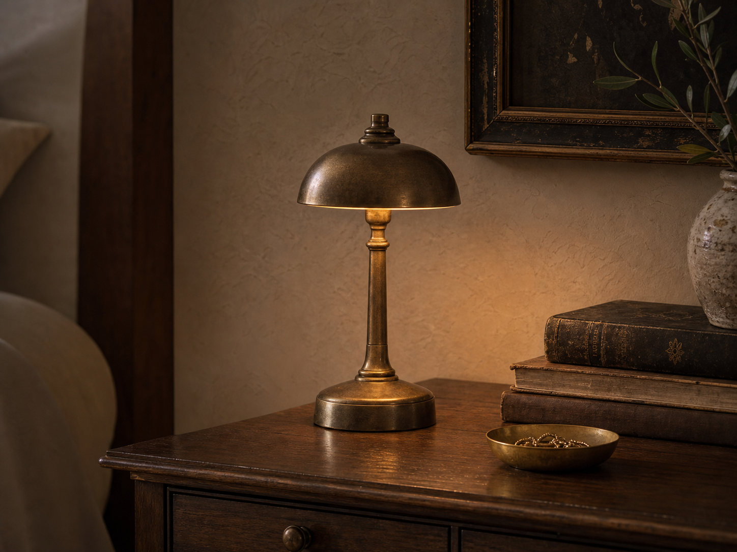 A compact vintage bronze cordless lamp used on an antique-style dresser with restrained decorative objects.