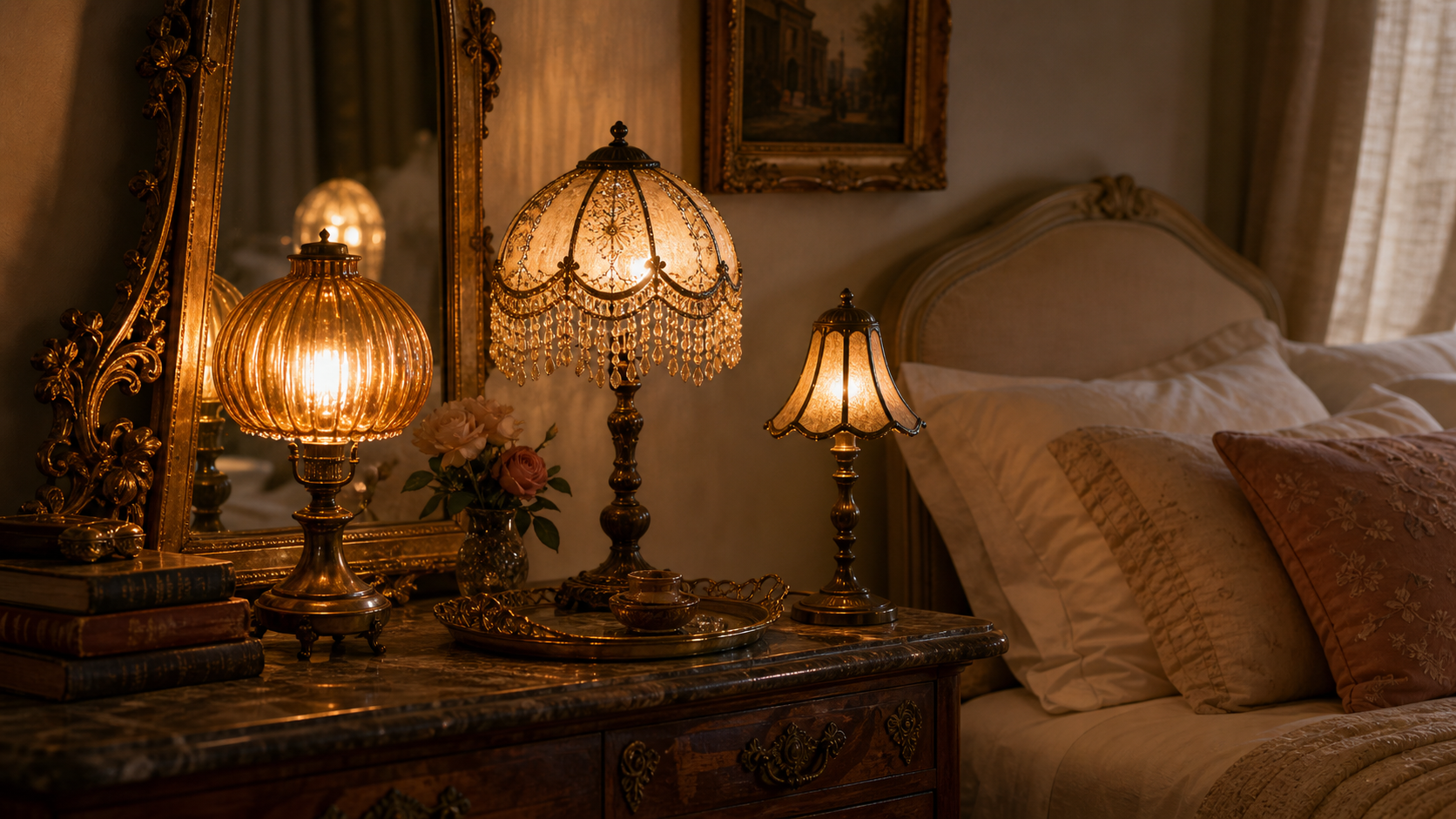 A Paris antique-shop-inspired bedroom vignette with amber glass, Victorian beaded, and brass-toned table lamps glowing on antique wood furniture.