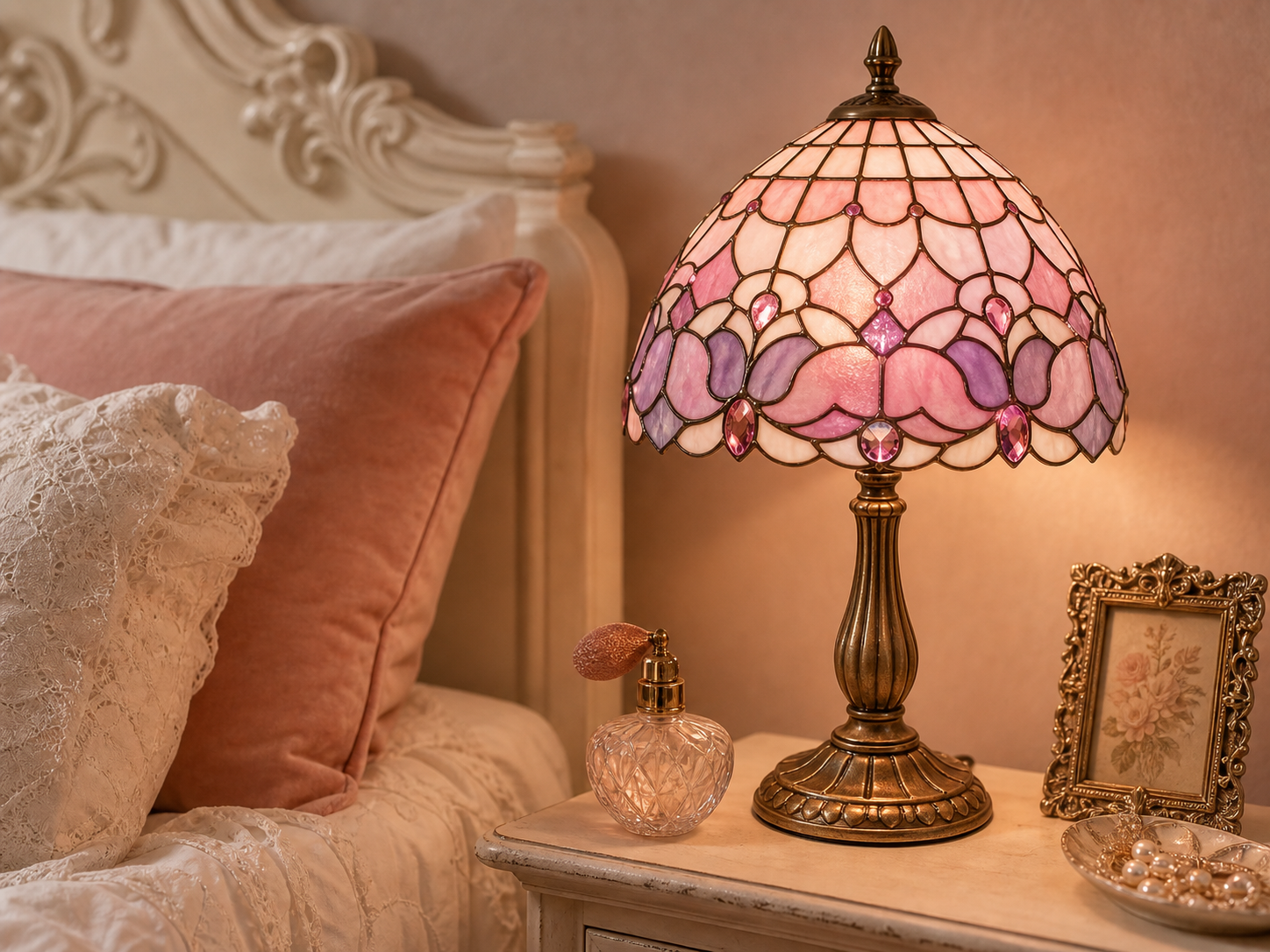 A pink stained-glass bedside lamp adding a soft rose glow to an ivory and vintage-floral bedroom.
