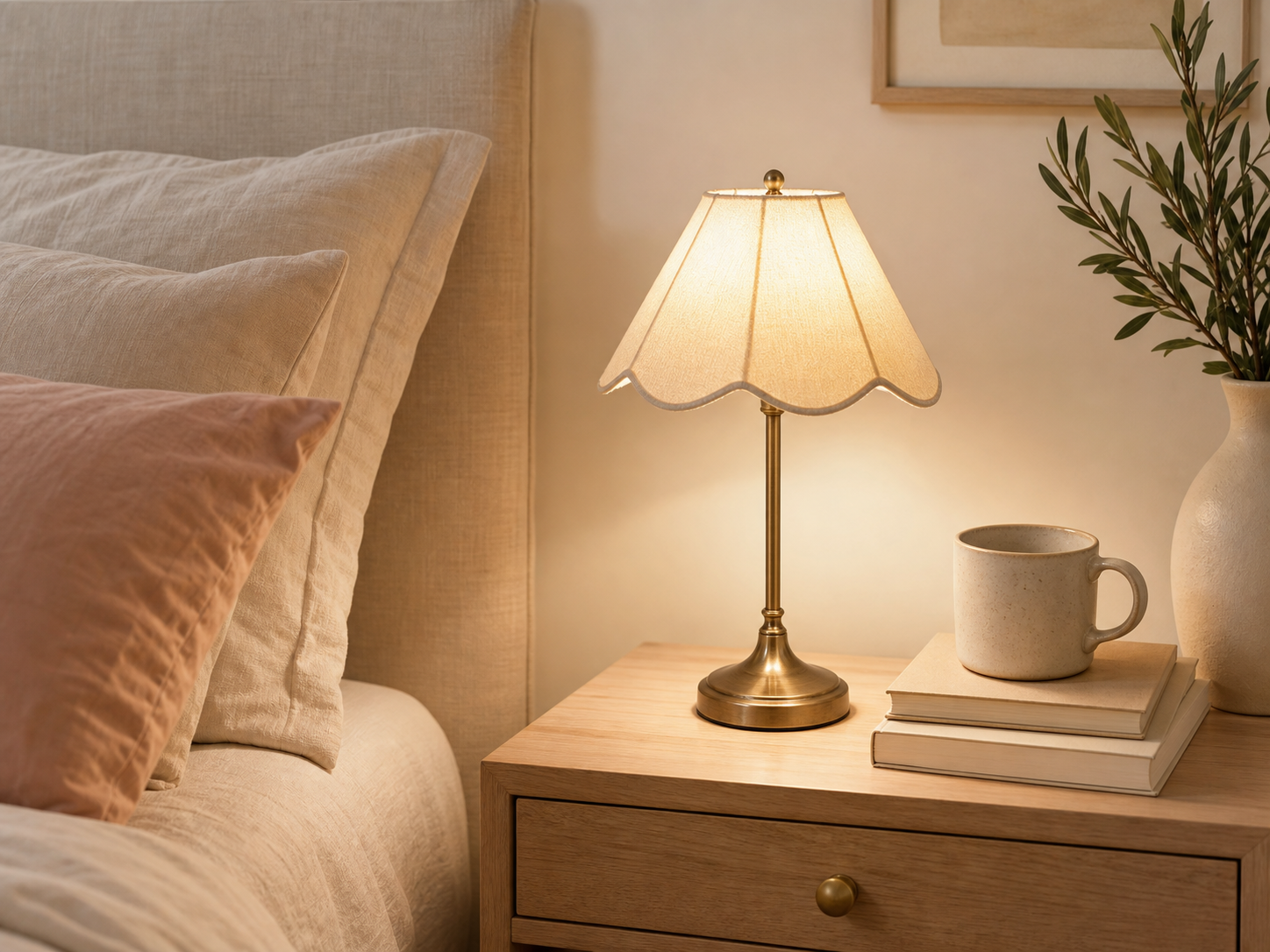 A petite brass-toned scalloped lamp styled on a compact bedroom nightstand.