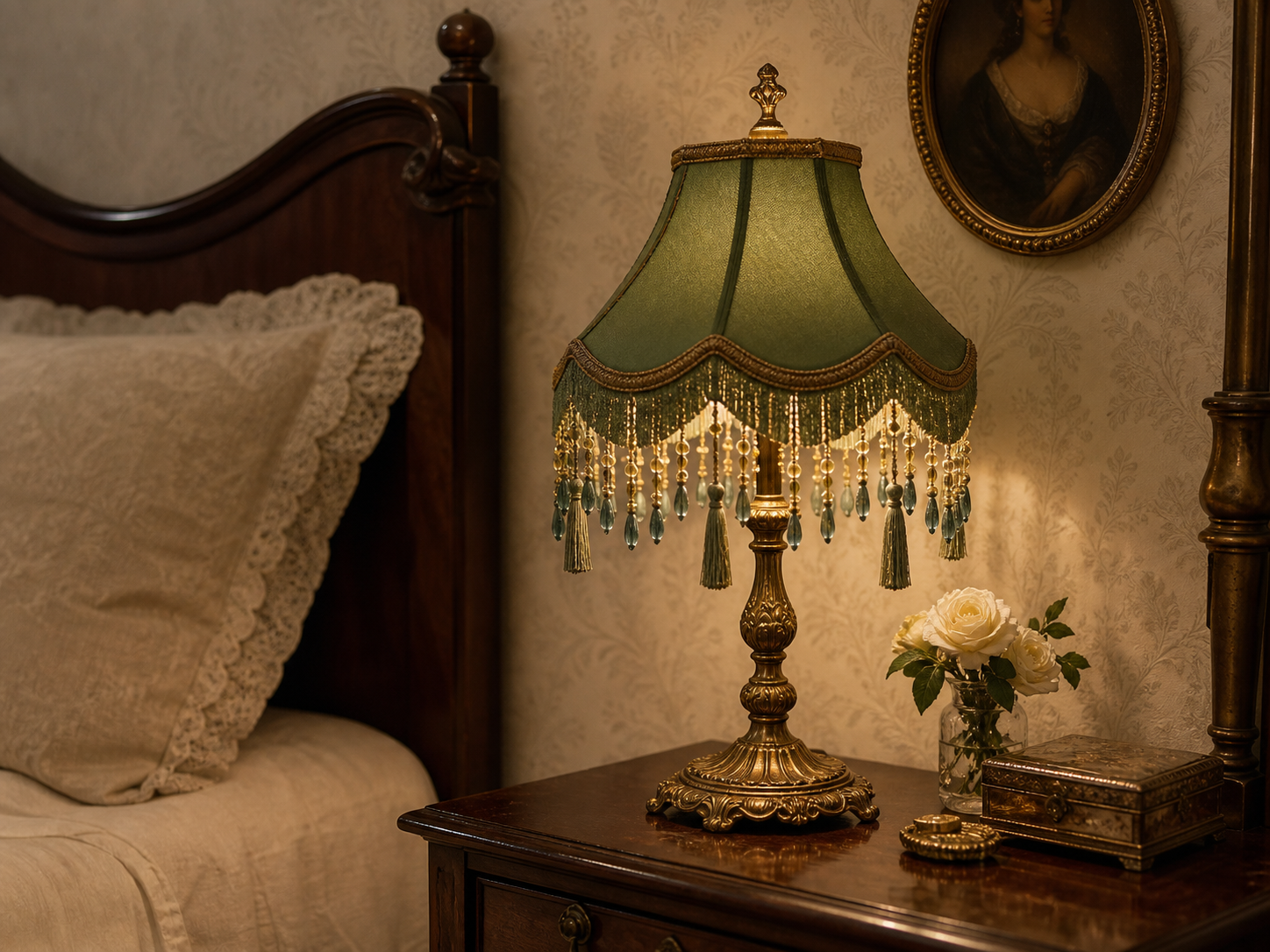 A green and gold Victorian-style beaded table lamp used as the focal point of a romantic bedroom corner.
