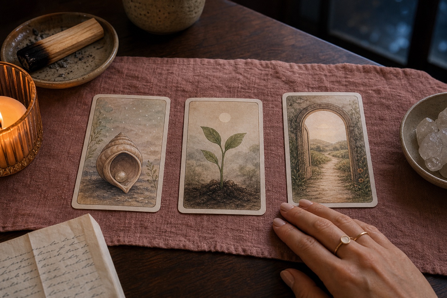 Three symbolic tarot cards for care, growth, and a next step arranged on dusty rose linen during a Cancer new moon ritual.