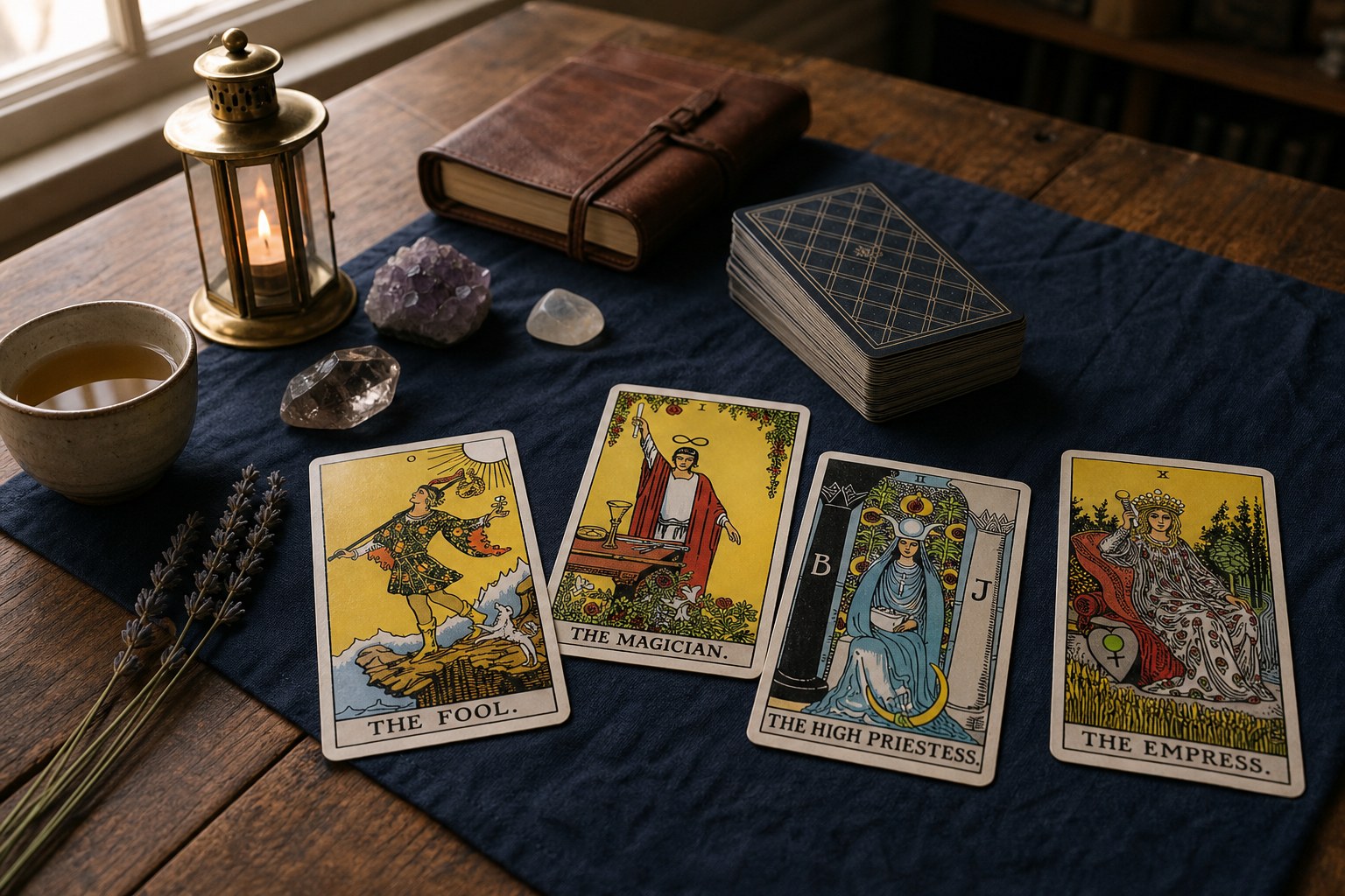 A calm tarot study table with The Fool, The Magician, The High Priestess, and The Empress face up beside a deck with dark patterned backs.