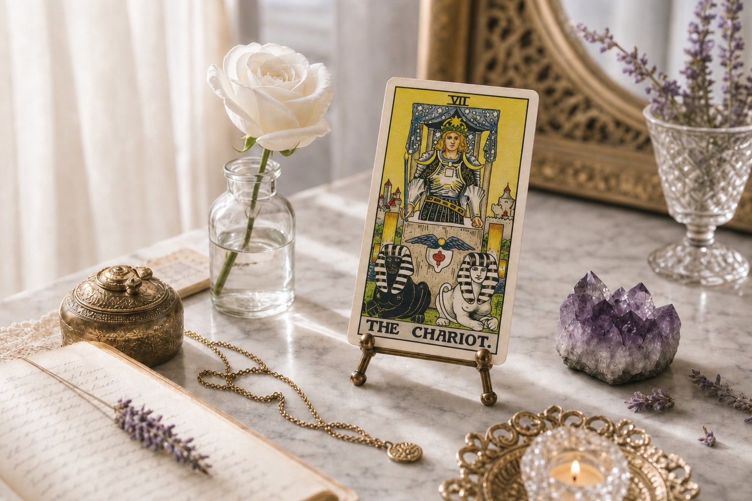 The Chariot tarot card upright on a brass stand on white marble, with a white rose, amethyst, lavender, open journal, and a lit tea light.