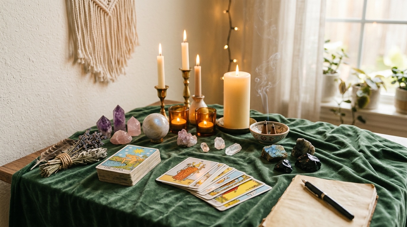 Tarot cards, crystals, candles, herbs, and a journal arranged on a green velvet ritual table.